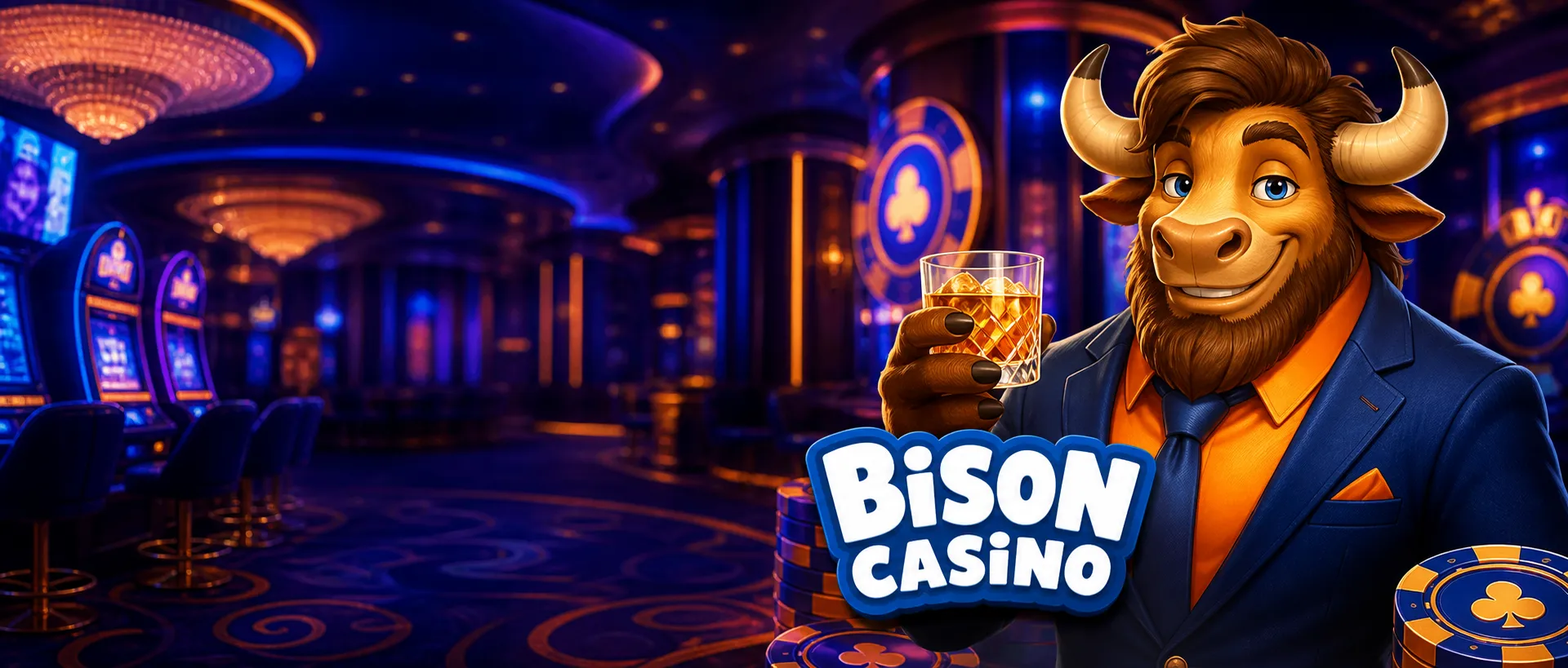 Bison Casino banner with friendly mascot in elegant casino setting
