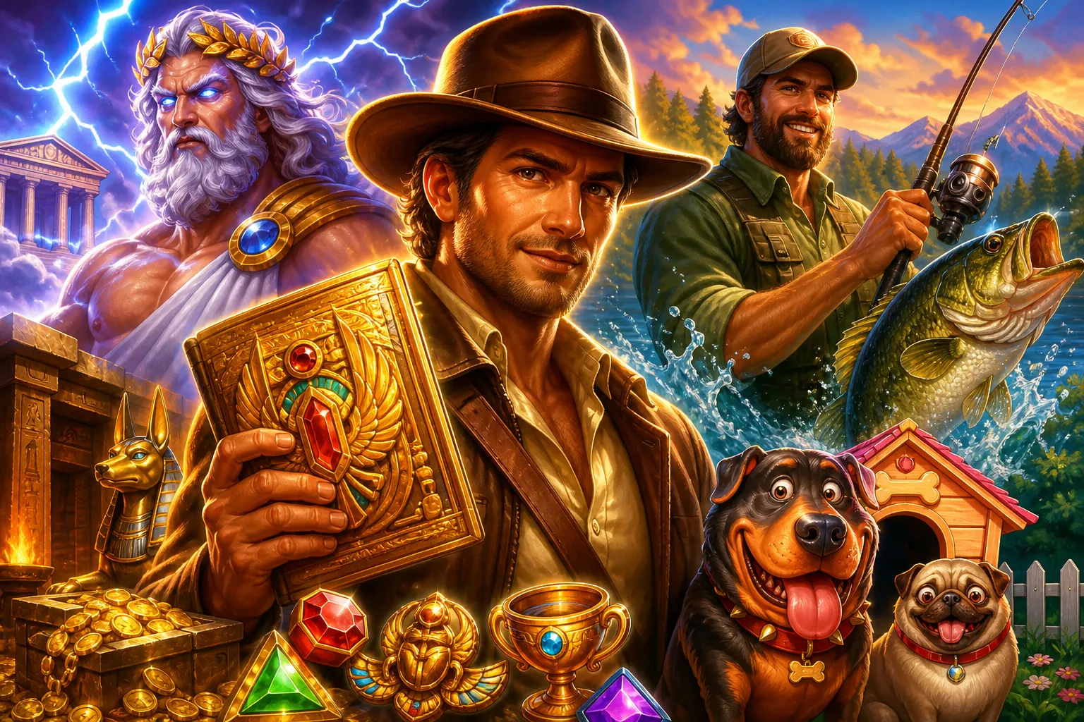 Colorful cinematic illustration of a slot game scene with fantasy creatures, vibrant environment, and dynamic action at Bison
