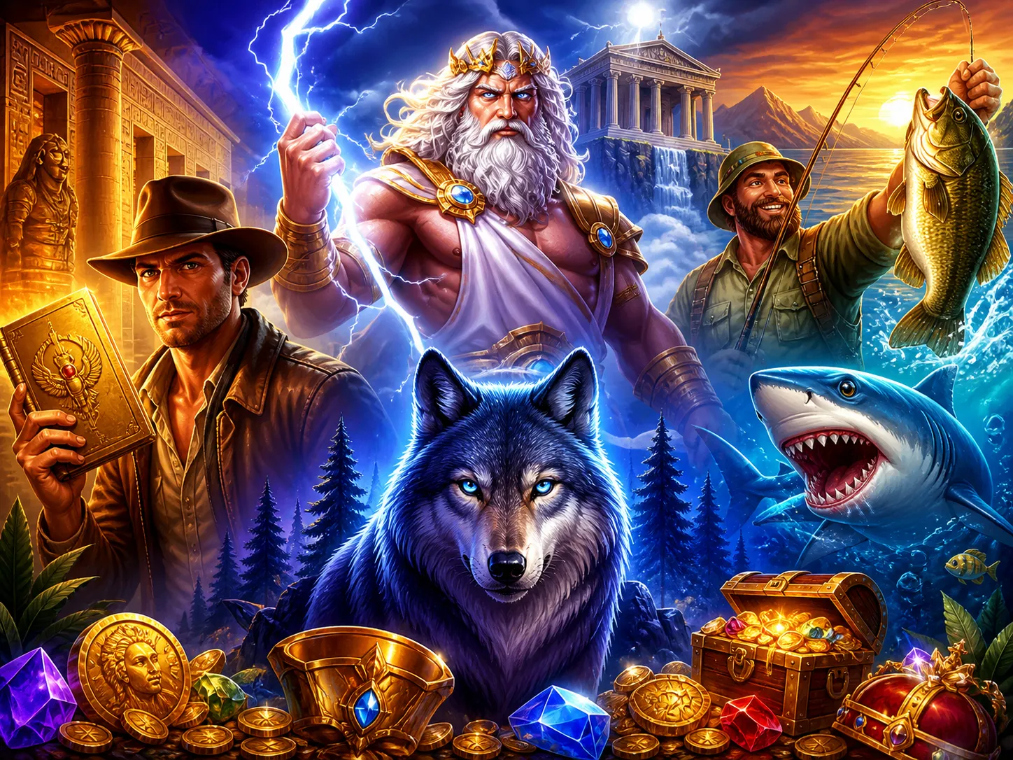 Illustration of a dynamic scene featuring vibrant slot game characters and worlds, showcasing a bear adventurer in an ancient